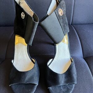 Michael Kors Black Suede Open-Toe Ankle-Strap Heels with Gold Accent